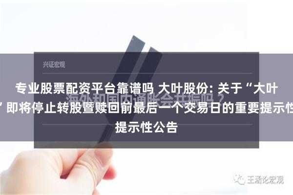 专业股票配资平台靠谱吗 大叶股份: 关于“大叶转债”即将停止转股暨赎回前最后一个交易日的重要提示性公告